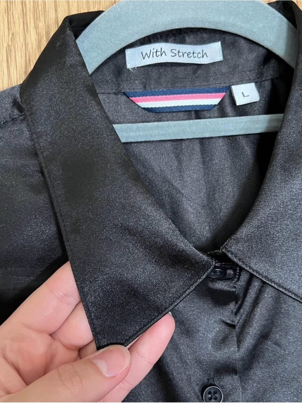 Women’s Black Satin Button-Up Blouse - Classic Collared Top - Picture 5 of 7